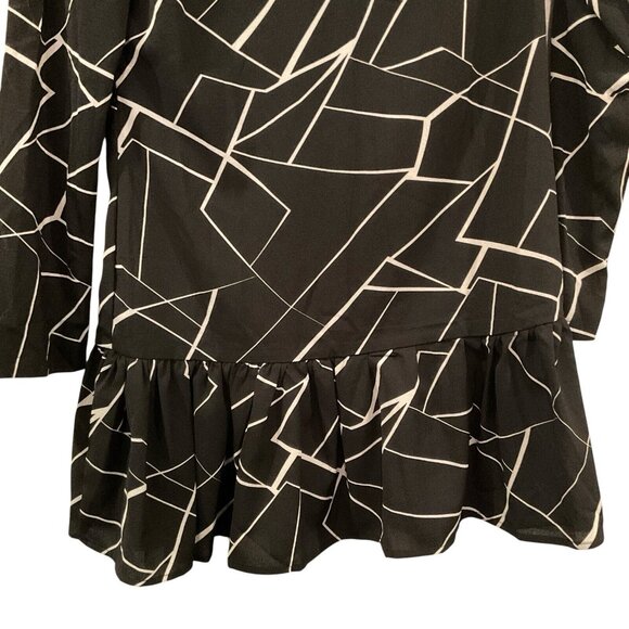 Shein Geometric Round Neck Black White Line Pattern Long Sleeve Dress Ruffle M - Picture 2 of 13